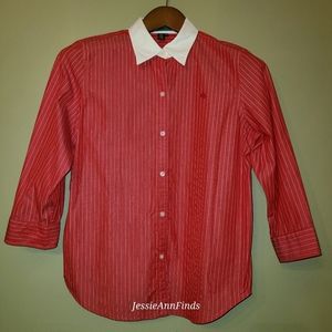 Lauren Ralph Lauren Red White Stripe Blouse Shirt Top Size Medium Petite